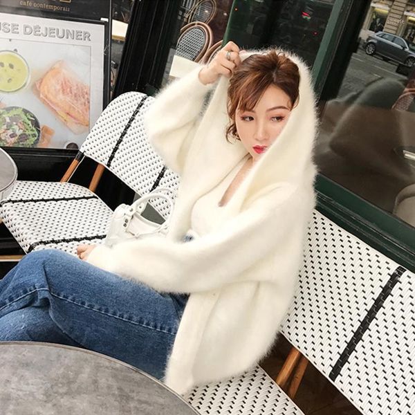 

2019 new women 100% mink cashmere sweater cardigan female hooded lantern sleeve coat outwear jacket wsr3371, White