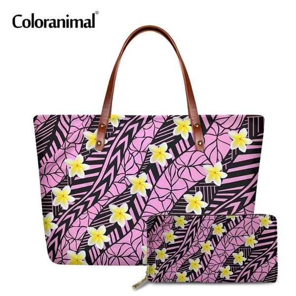 

coloranimal большой емкости плеча tote bag гавайская племенные полинезийской плюмерия дамы 2pcs / set handbagwallet crossbody сумка