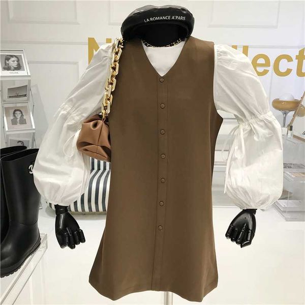 

women's tracksuits two piece set autumn/winter 2021 fashion round neck bubble sleeve shirt + single breasted loose vest dress, Gray