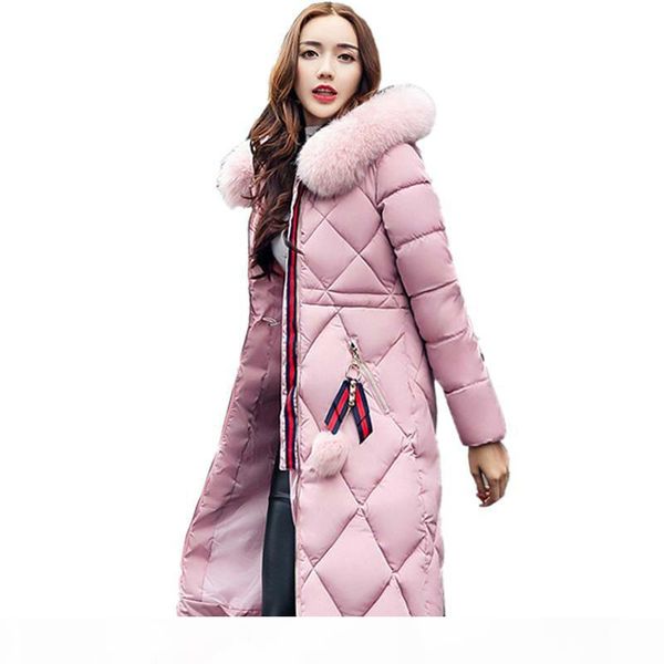 

2018 big fur winter coat thickened parka women stitching slim long winter coat down cotton ladies down parka down jacket women, Black