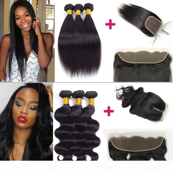 

new arrival 4x4 lace closure with virgin peruvian straight and body wave human hair weave 3 bunldes ear to ear lace frontal, Black