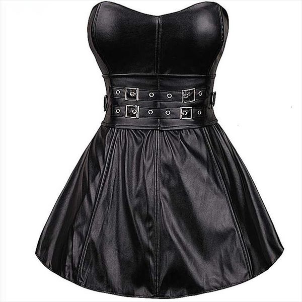 

corset dress faux leather strapless black clubwear bustier dress outwear buckled body shaper pole dancing party mini skirt, Black;white