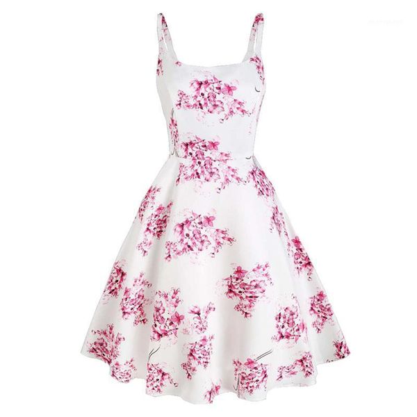 

casual dresses 2021 short party dress women flower print vintage 50s summer spaghetti strap vestidos silky elegant a line pin up swing dress, Black;gray