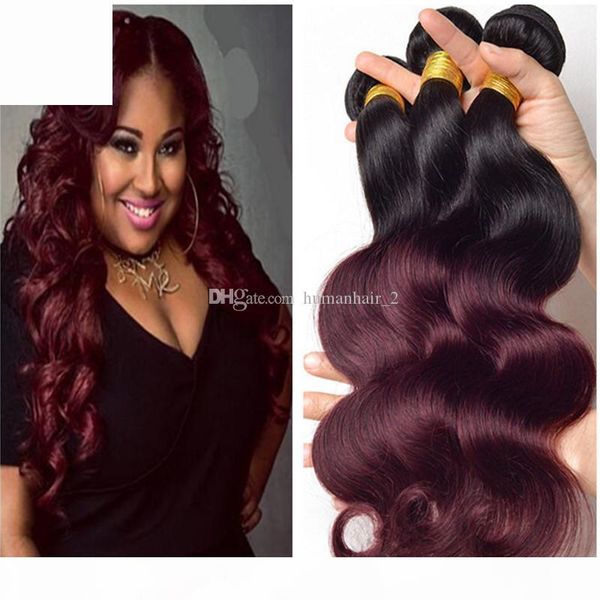 

1b 99j ombre body wave hair extensions indian hair bundles burgundy color wine red indian human hair 3pcs lot dark root 99j bundles, Black;brown