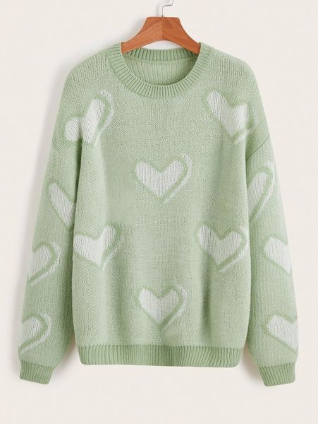 

heart pattern drop shoulder sweater p45x#, White