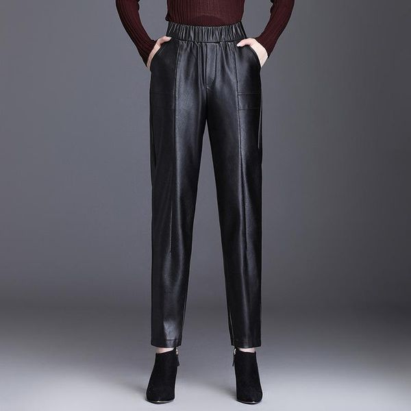 

black leather pants pu women fashion 2021 autumn winter trousers high waist ladies pencil slim long design pant plus size 4xl, Black;white