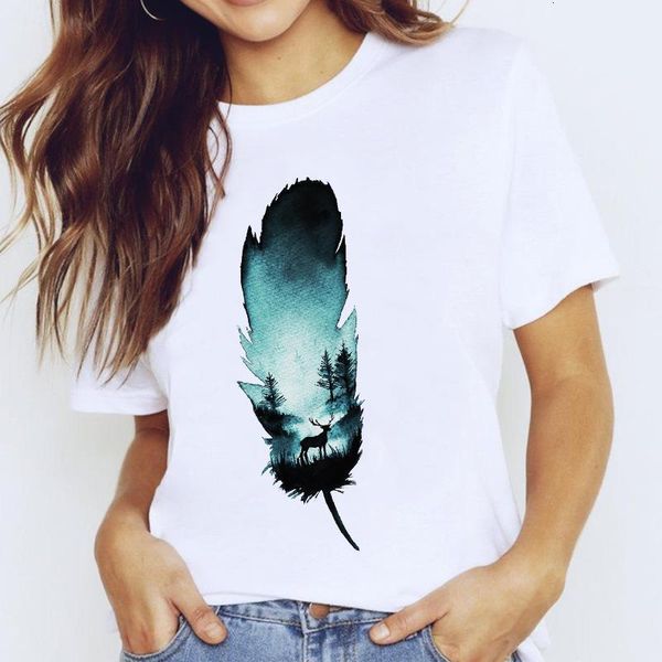 

t-shirts for women 90s cartoon feather forest nature cute clothing print lady graphic t shirt ladies female tee t-shirt, White