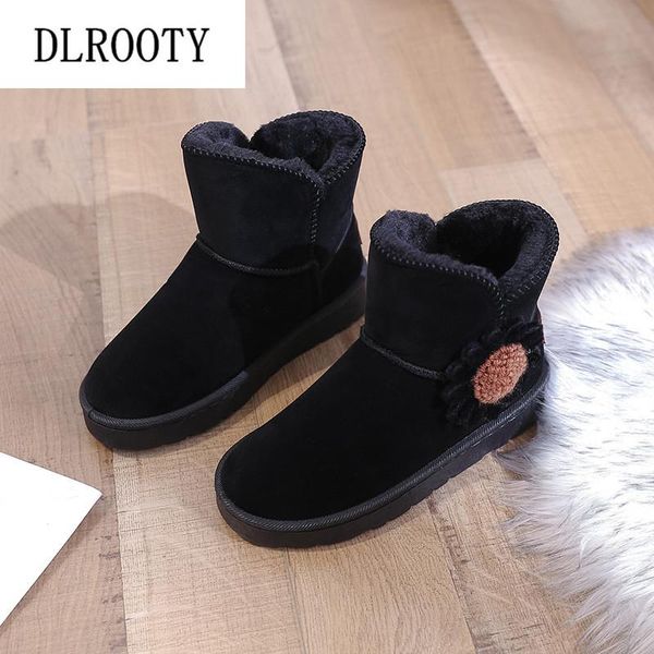 

women snow boots ankle winter warm short plush female casual shoes woman flat flower fashion platform round toe lace up, Black