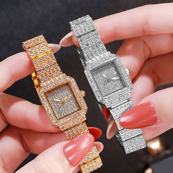 

steel set with diamond watch alloy belt women's watch full of diamond small square women's watch 7na7, Slivery;brown