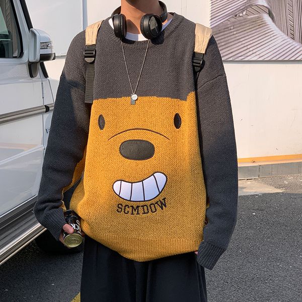 

spring and autumn ins cartoon bear smiling face sweater men's fashion brand loose couple color matching sweater, Black