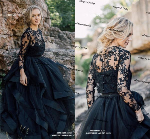 

swan black gothic engagement wedding dresses 2021 waves horsehair skirt albertine lace bohemian long sleeve beach bridal gowns, White