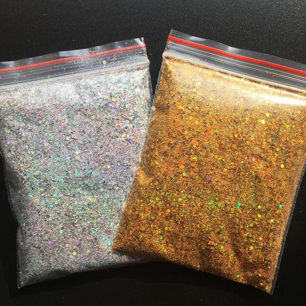 

0.2mm+1mm 10gram hexagon chunky shape nail glitter absilver gold laser paillettes craft for body/face/eye/nail glitter dust a003, Silver;gold