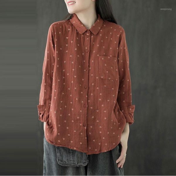 

2021 spring autumn arts style women long sleeve loose shirts all-matched casual turn-down collar cotton print blouse v781, White