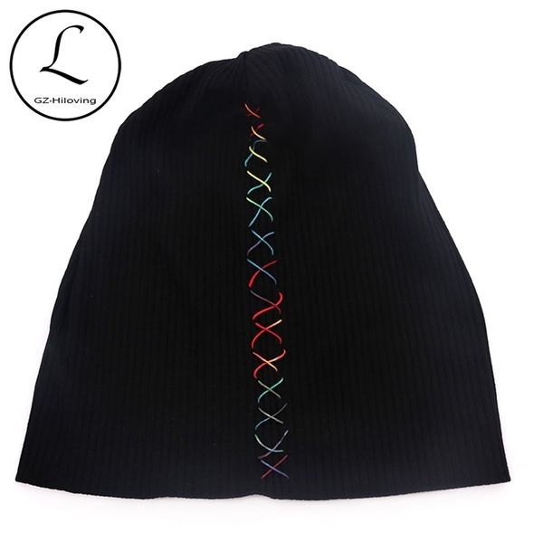 Weiche gerippte Hüte aus Baumwolle mit buntem Band für Damen, Mütze Frühling Winter Slouchy Damen Mädchen Skullies Beanies Gorros 211229