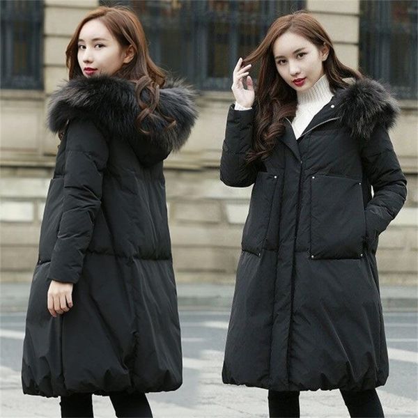 

women's new down female mid-length large size 6xlwinter coat women big fur collar bread winter jacket y201026, Black