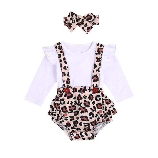 

clothing sets 0-24m born baby girls boys leopard clothes ruffles long sleeve solid romper+bib overalls shorts headband 3pcs, White
