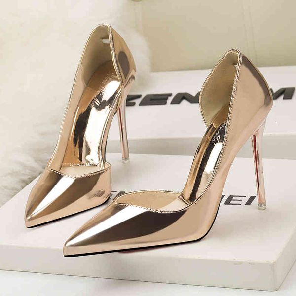 

3058-9 european and american dress shoes fashion nightclub pointed stiletto hollow single metallic shallow mouth ol simple high, Black