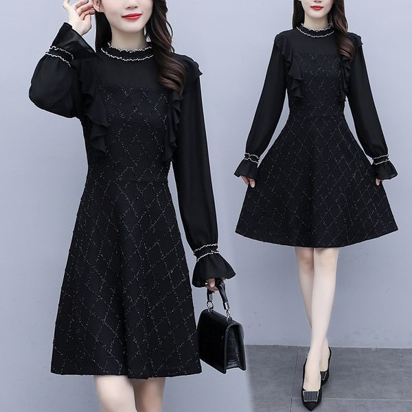 

womens vintage elegant spring dress plus size loose casual party blouses dressed in long sleeves r96n, Black;gray
