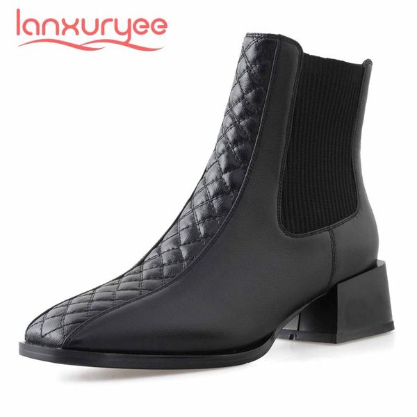 

lanxuryee вязальные сапоги натуральная кожа вышивка gingham квадратный носок толстые высокие каблуки скольжения на удобное платье лодыжки бо, Black