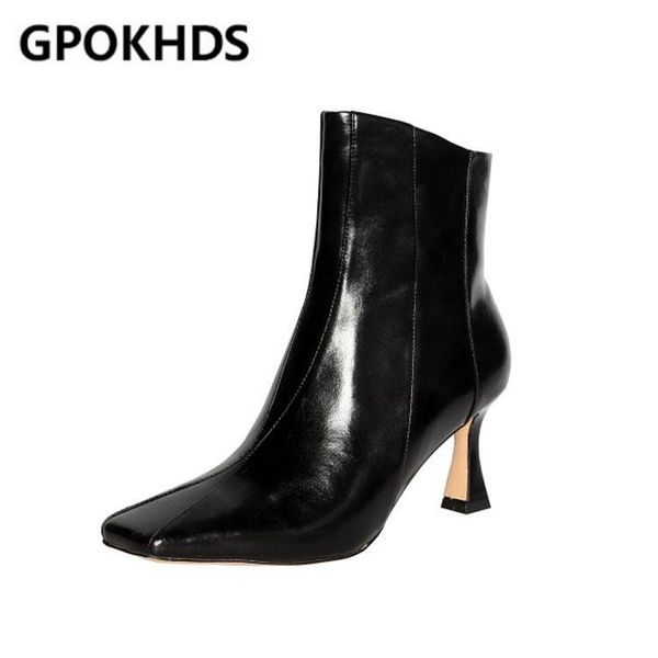 

boots gpokhds 2021 women ankle cow leather winter short plush square toe zipper mixed colors high heels female size 40, Black