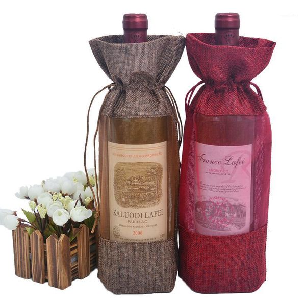 

gift wrap 10pcs 5.5"x12.2" clear window jute wine bottle bags for red champagne wedding party favor bag covers1