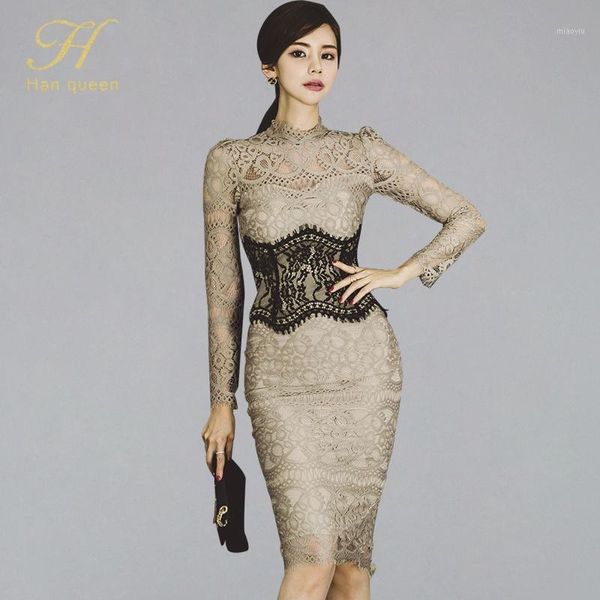 

h han queen women elegant lace bodycon vestidos 2021 spring hollow out see through pencil dress patchwork slim sheath dress1, Black;gray