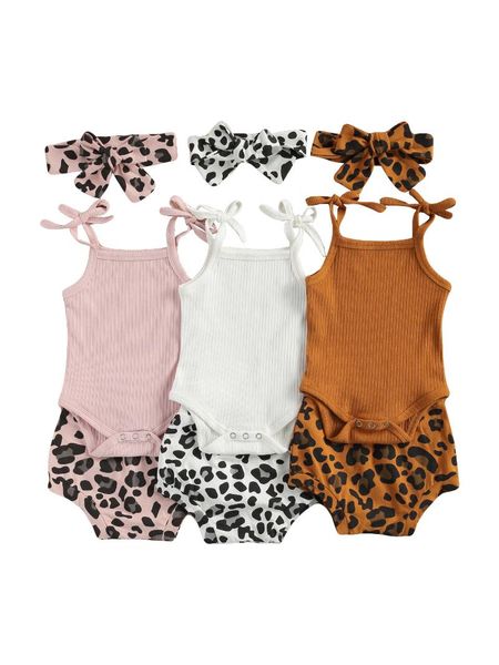 

0-18m infant newborn girls 3 pcs outfits suits sling tank romper + leopard shorts + headband sets summer costume, White