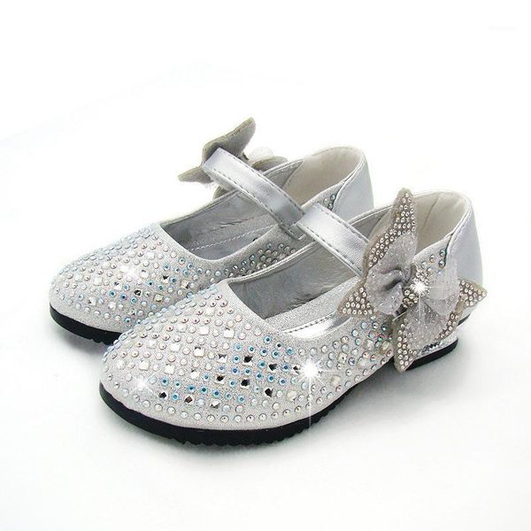 

2019 high heel shoes kids girls gold sliver dress shoes spring princess korean bow leather single sparkling rhinestones1, Black;grey
