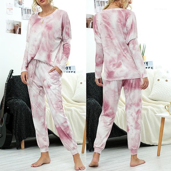 

womens tie dye 2 piece set tracksuit long sleeve o-neck t-shirt trousers set loose lady pajamas outfits lounge wear homewear1, Gray