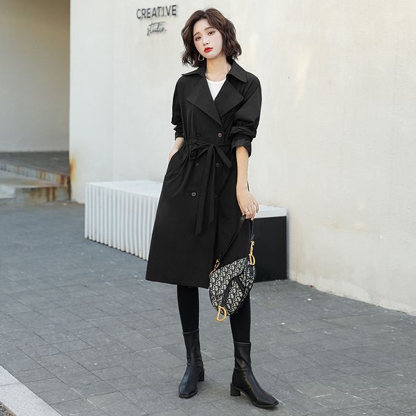 

2021 new spring female autumn released double lapel breasted classic long jacket with chic waistband outwear mujer traf i63s, Black;brown