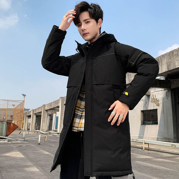 

simple autumn winter men's hooded thickened medium and long printed down large leisure trend cotton padded jacket, Black