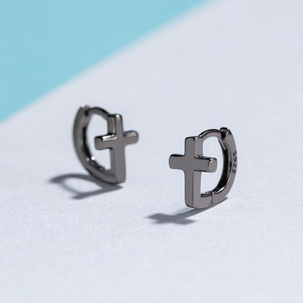 

100% mens 925 sterling silver black cross small round circle ear ring earings fashion hip hop jewelry hoops earrings for women, Golden;silver