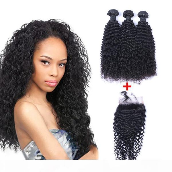 

brazilian kinky curly human virgin hair weaves with 4x4 lace closure bleached knots 100g pc natural color double wefts hair extensions, Black;brown