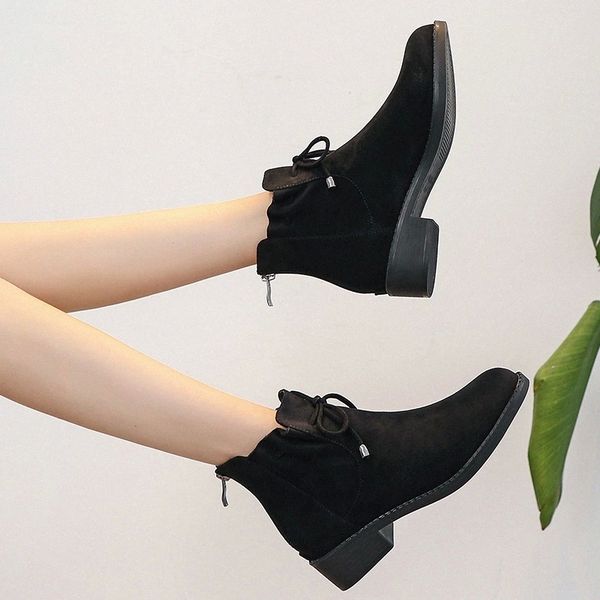 

hkxn 2020 autumn winter new woman bow short boots british wind suede women's boots comfortable wild thick heel ankle t #2s6z