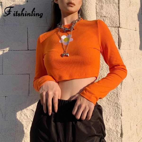 

women's t-shirt fitshinling embroidery flower t-shirts for women 2021 spring long sleeve crop female orange slim tees femme 1, White