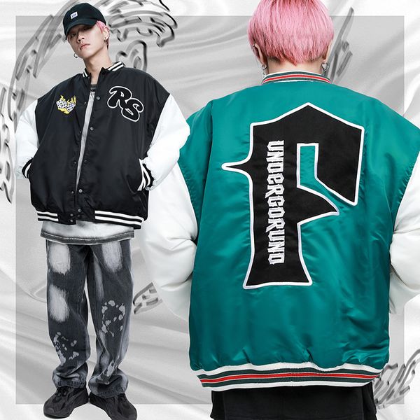 

stand embroidery baseball parkas men and women windbreaker oversize high street casual wadded jacket, Black;brown