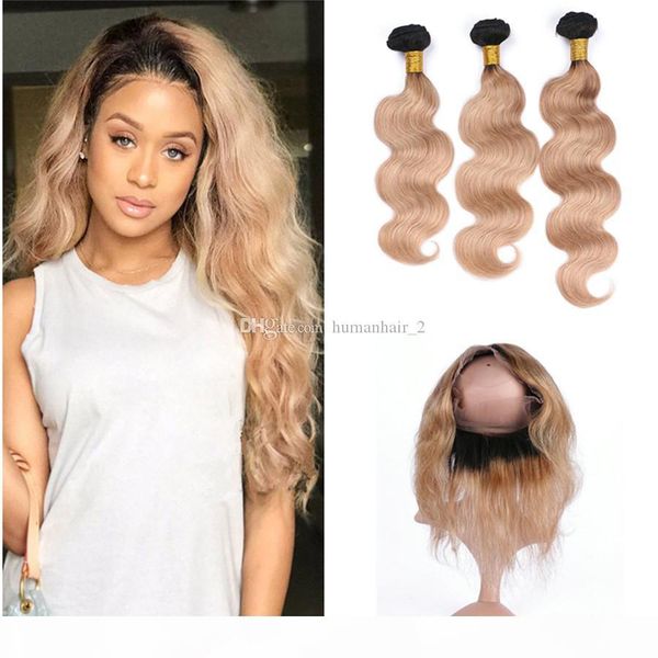

dark root honey blonde пучки волос 360 frontals 1b 27 ombre 360 ​​lace фронтальная clsoure с объемная волна weave волос 4шт лота, Black;brown