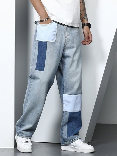 

men colorblock straight leg jeans m8kp#, Blue