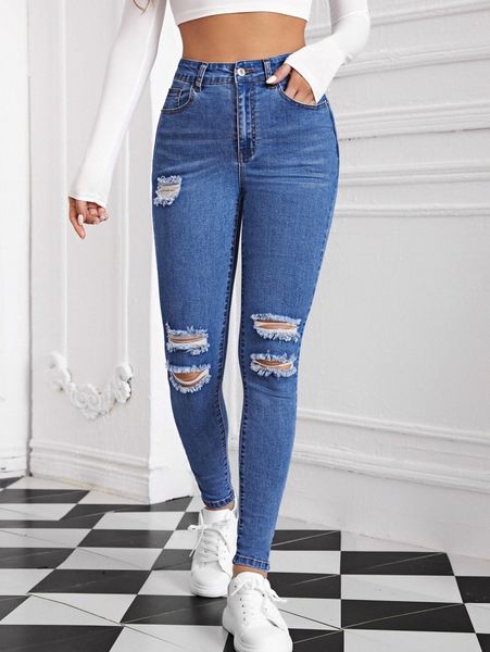 

high waist ripped detail skinny jeans i6lq#, Blue