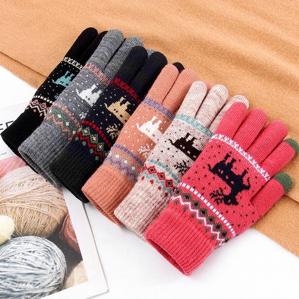 

rimiut fashion knitted thick for men & women christmas deer printed warm autumn winter full finger gloves 2 style 6 color, Blue;gray