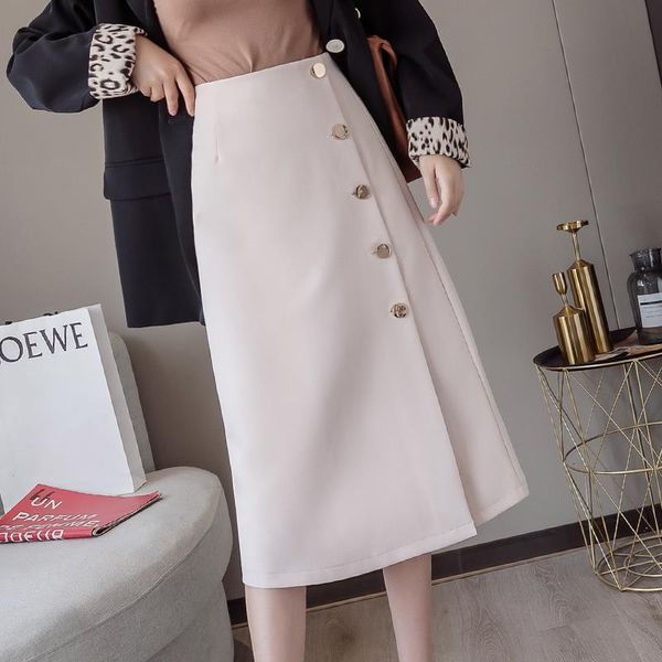 

fashion autumn winter midi skirts women elegant high waist side split single-breasted skirt jupe femme slim office work skirt, Black