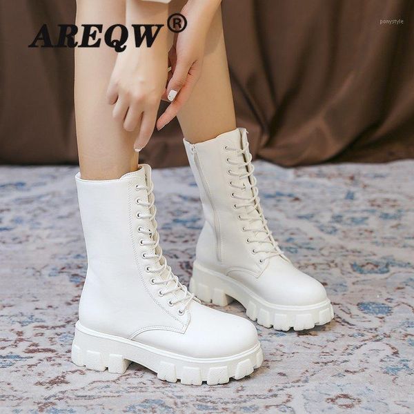 

2020 winter fashion women's boots lace up mid-calf round head women boots black square-heel mid-heel pu women shoes botas mujer1