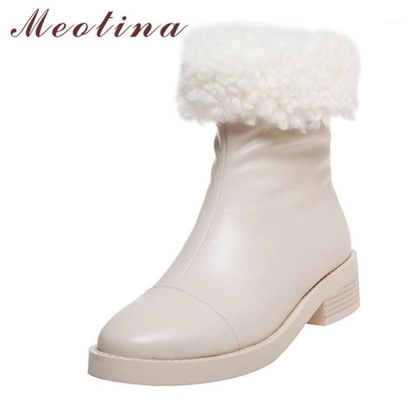 

boots meotina med heel ankle woman snow platform chunky shoes zip round toe ladies short winter beige size 431, Black