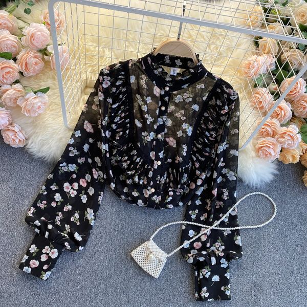 

2021 new singiny chiffon women loose spring blouse neck button puff floral print style shirts 06g5, White