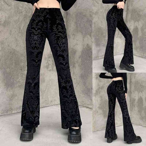 

retro gothic print black pants goth harajuku high waist flared pants women high street punk waist women trousers t1g, Black;white