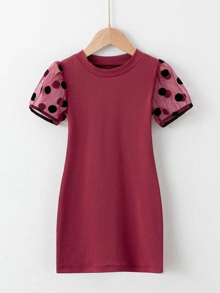 

toddler girls contrast polka dot mesh puff sleeve tee dress she, Red;yellow