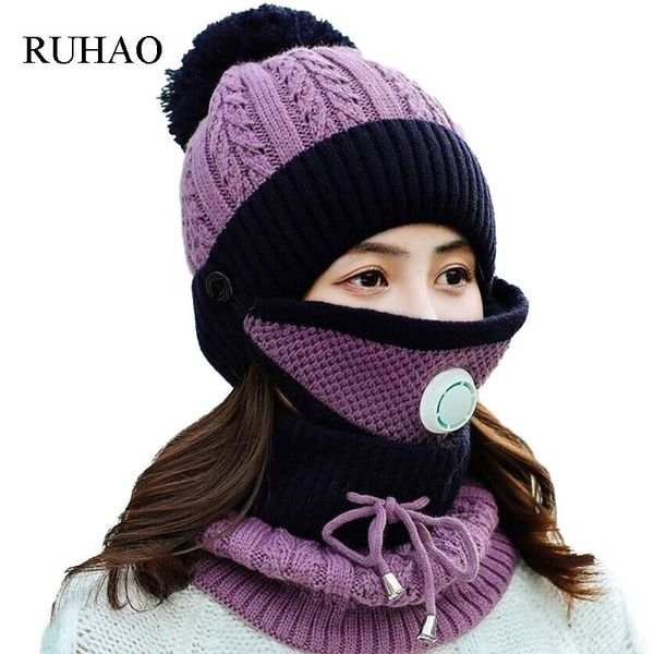 

beanies ruhao 2021 women knitted hats set scarf autumn winter fur pompom for ladies beanie warm cycling ski