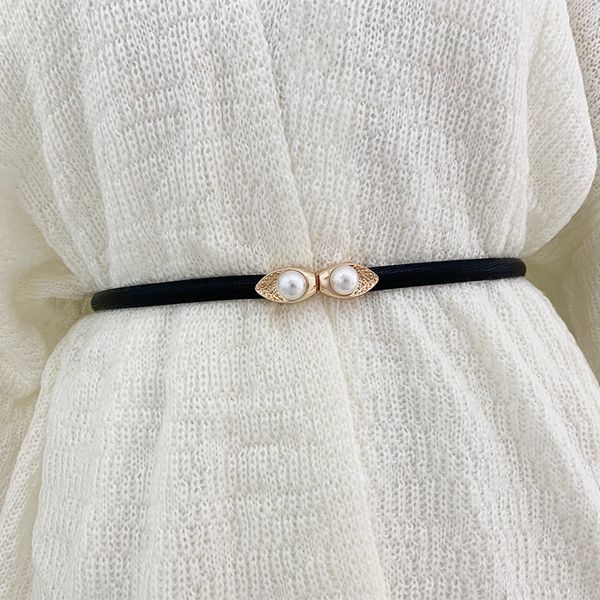 

black thin dress decoration versatile pearl inlaid leather small belt women with sweater skirt, Black;brown