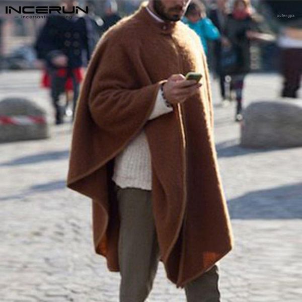 

incerun fashion men trench stand collar solid color cloak cape coats 2020 streetwear winter jackets nightclub men windbreakers1, Tan;black