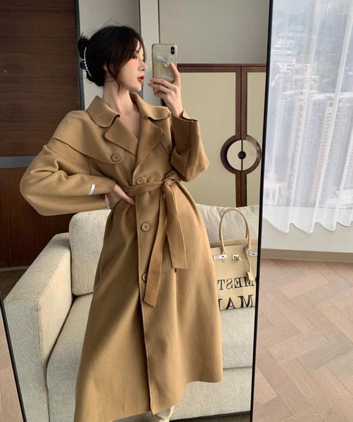 

women's autumn winter woollen coat new style khaki windbreaker cashmere medium long overcoat elegant warm windproof, Black